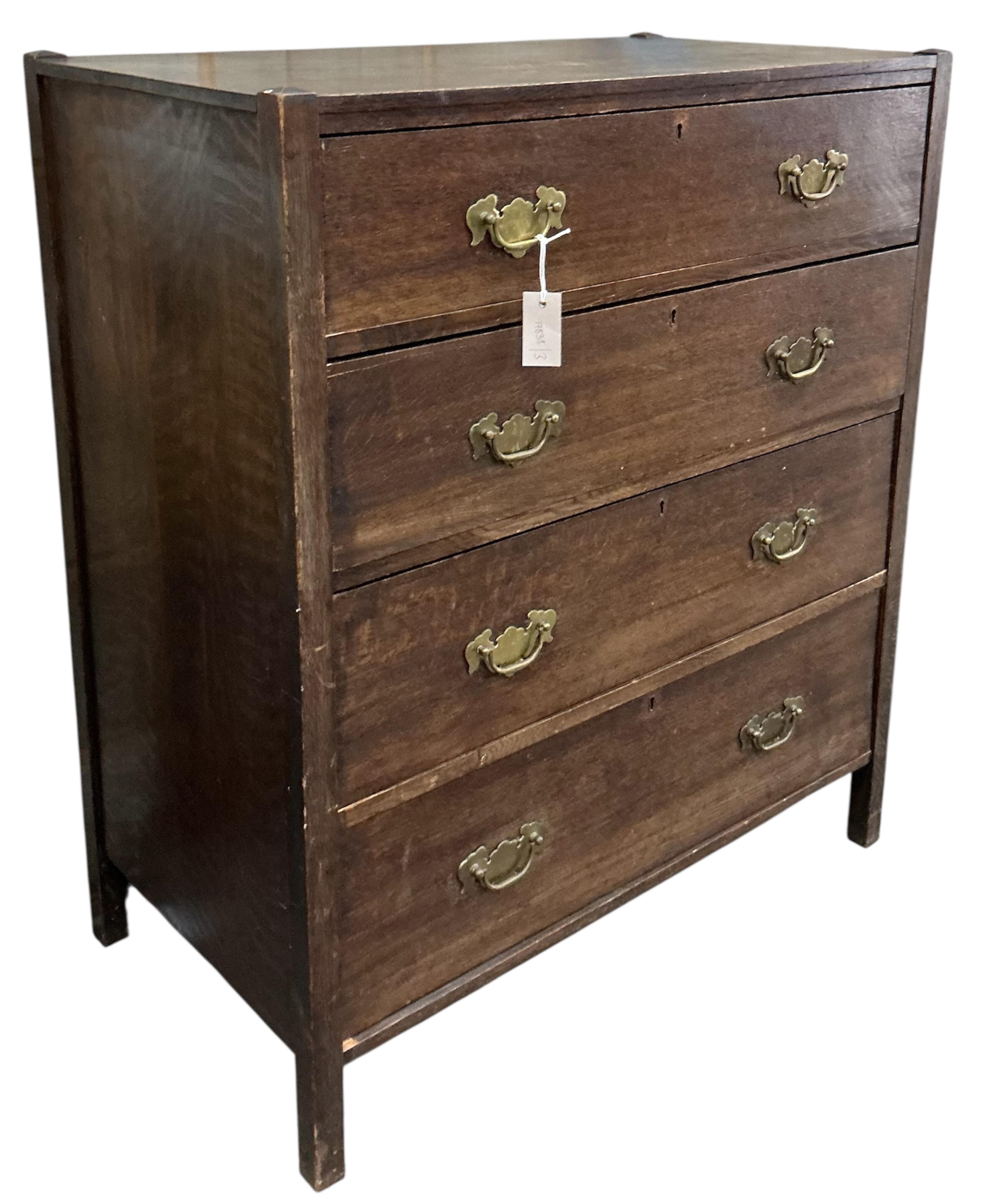 An early 20th century oak chest of four drawers, width 91cm, depth 50cm, height 106cm